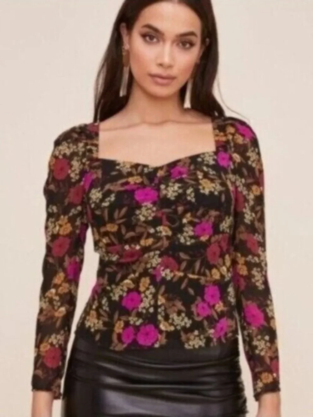 Astr Dark Floral Ruched Blouse Feminine Whimsigoth Open Back